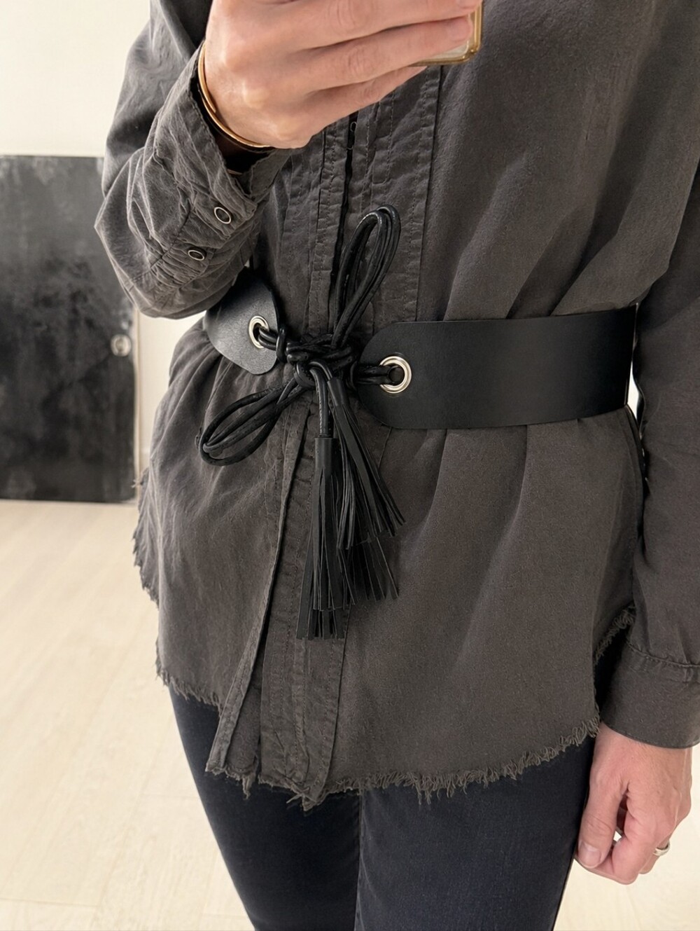 Pologarage Black Wide Lace Up Tassel Waist Belt Self Tie One Size NWT